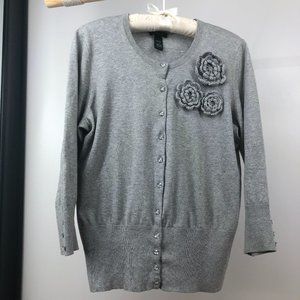 Only Mine – Ladies L, Grey Cardigan with embellishments; Rosette flower applique